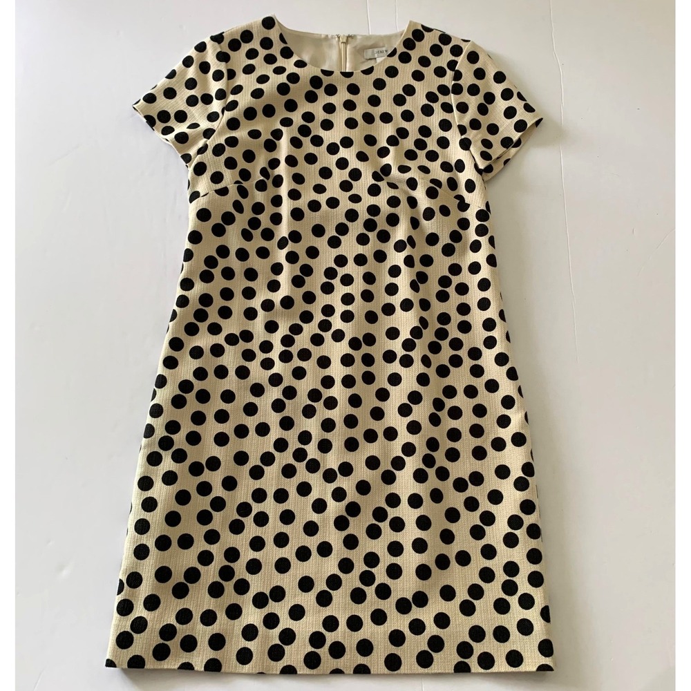 J Crew Scattered Polka Dot Shift‎ Dress sz 2 Beige Black Cotton Blend